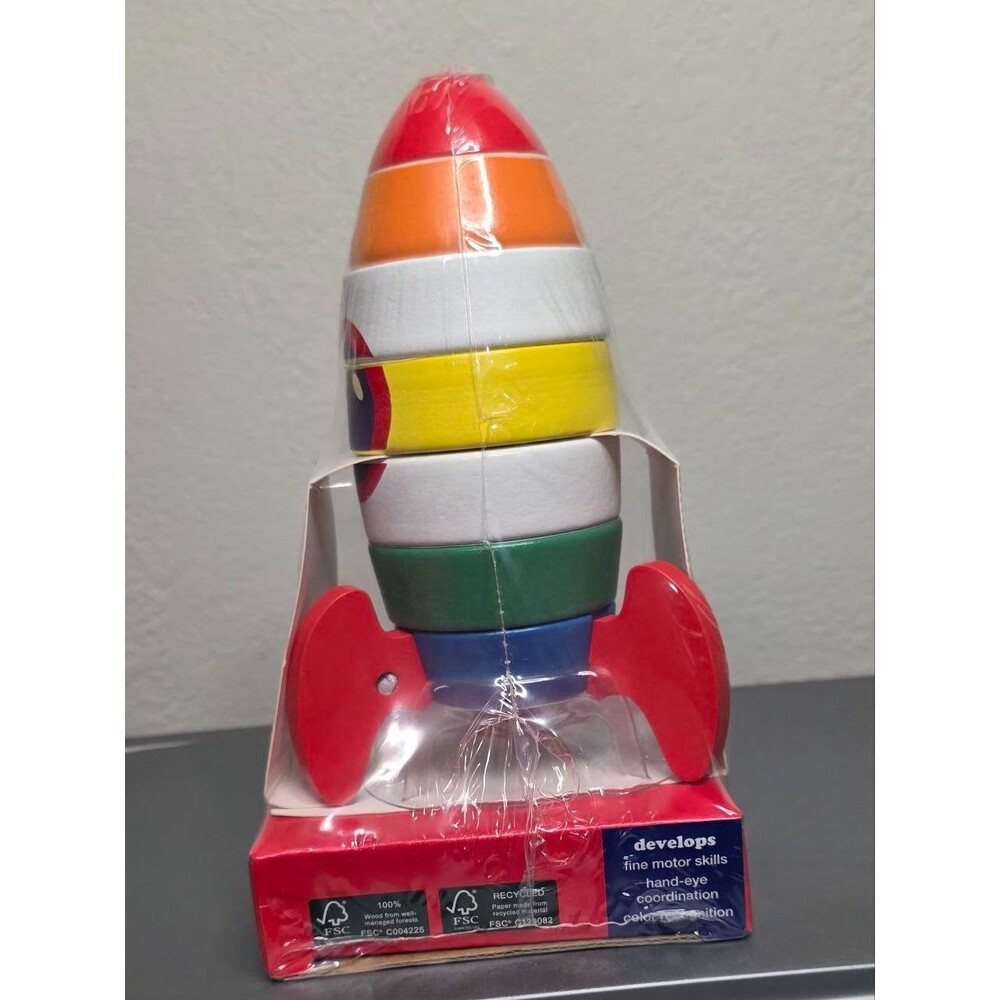 Wooden Stacking Rings Spaceship Toy for 12mos+, Wood Sensory Tower